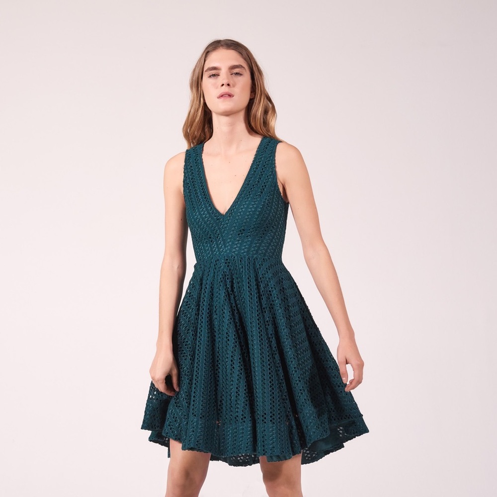 Sandro V-neck Geometric-lace Mini Dress In Green - Picture 1 of 7